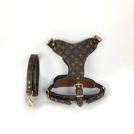 Brown Louis Vuitton monogram dog harness and leash with gold buckles and D-ring