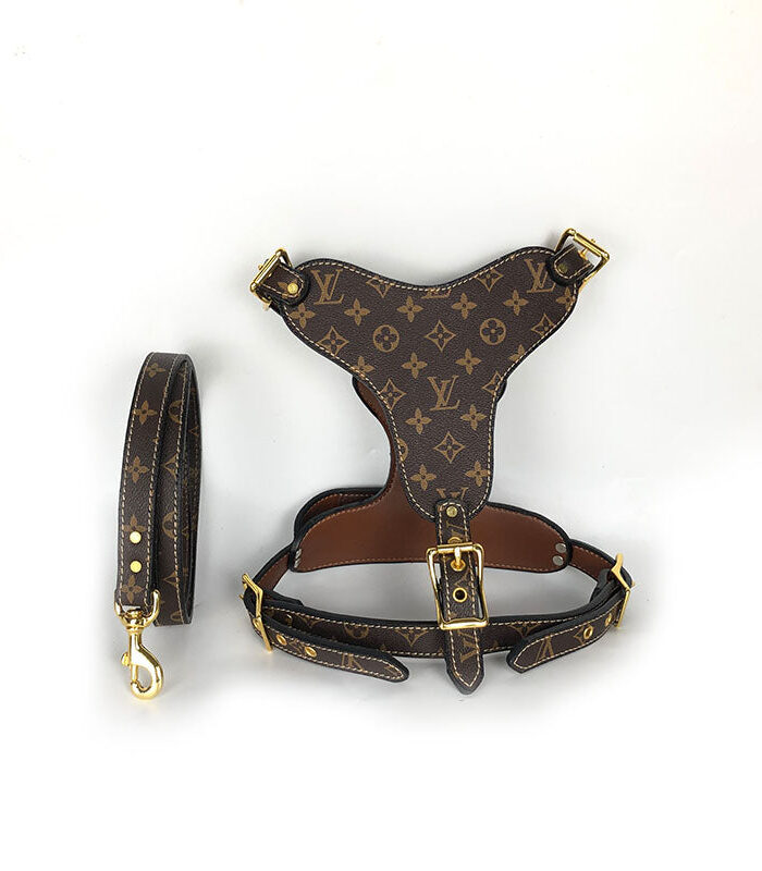 Brown Louis Vuitton monogram dog harness and leash with gold buckles and D-ring