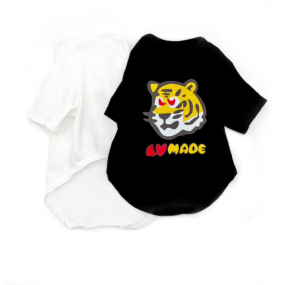 Black cotton dog tee with yellow tiger graphic and red LOVE MADE text on chest
