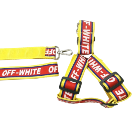 Red and yellow dog harness and leash set with OFF-WHITE branding inspired by Off-White streetwear