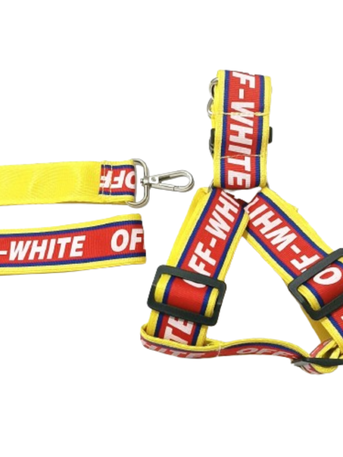 Red and yellow dog harness and leash set with OFF-WHITE branding inspired by Off-White streetwear