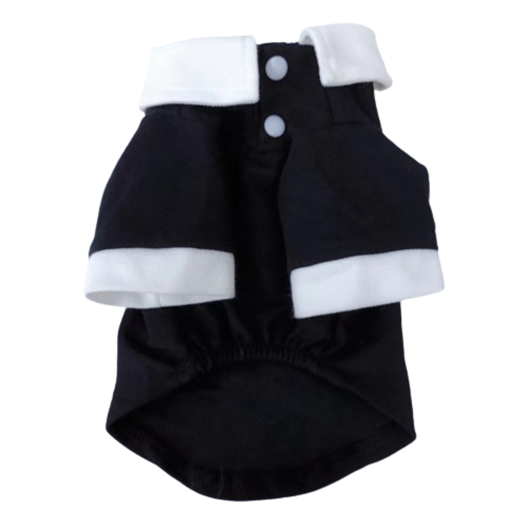 Black dog dress with white collar and decorative bow accents Chanel inspired