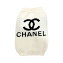 Cream knit dog sweater with interlocking CC logo and Chanel text inspired by Chanel