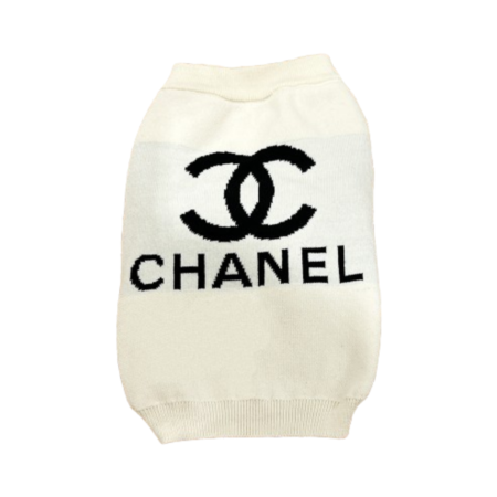 Cream knit dog sweater with interlocking CC logo and Chanel text inspired by Chanel