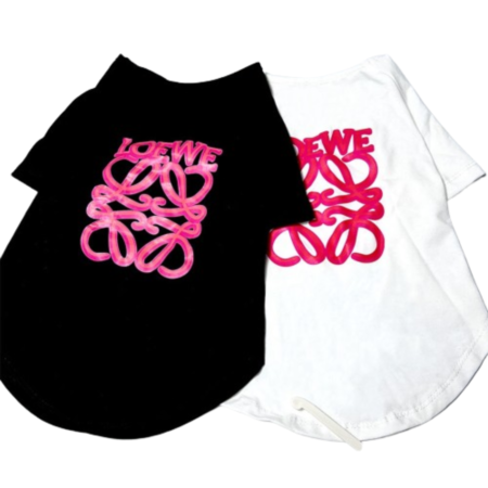 Black and white dog t-shirts with pink Off-White inspired script logo on chest
