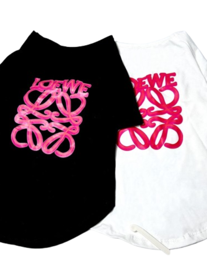 Black and white dog t-shirts with pink Off-White inspired script logo on chest