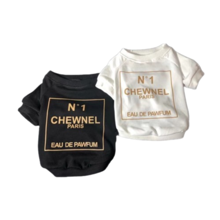 Black and white Chewnel dog tees with N°1 CHEWNEL PARIS EAU DE PAWFUM perfume bottle print inspired by Chanel