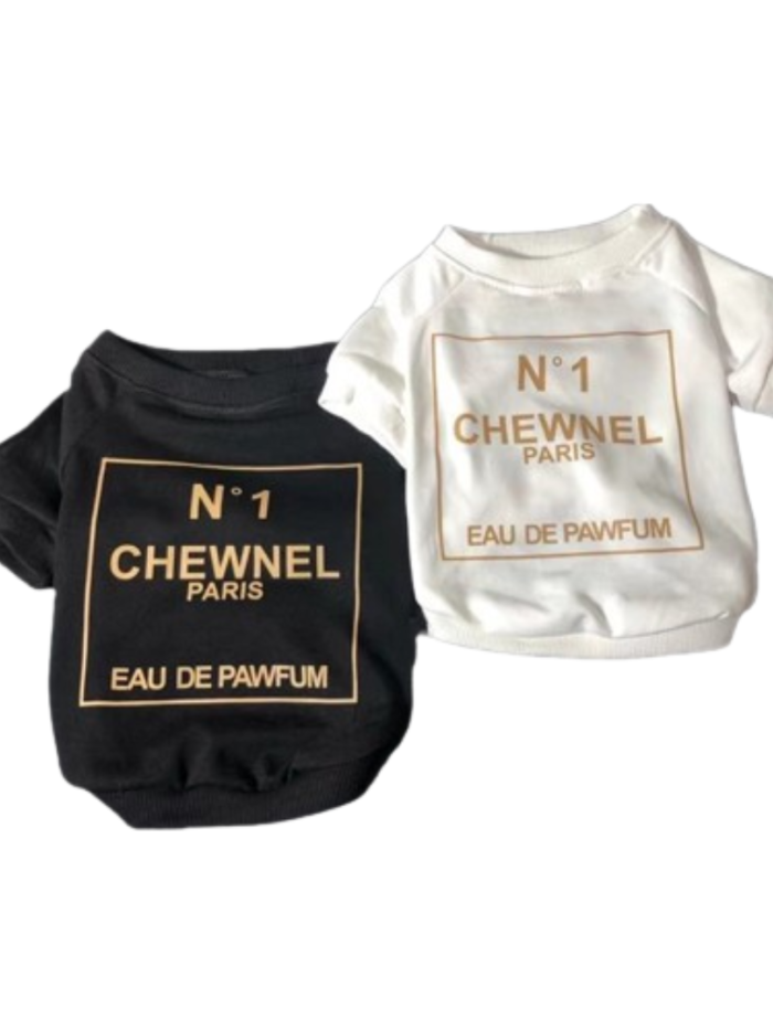 Black and white Chewnel dog tees with N°1 CHEWNEL PARIS EAU DE PAWFUM perfume bottle print inspired by Chanel