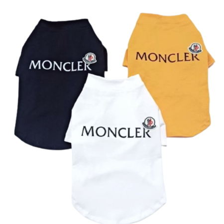 Yellow dog tee with MONCLER text and badge logo inspired by Moncler