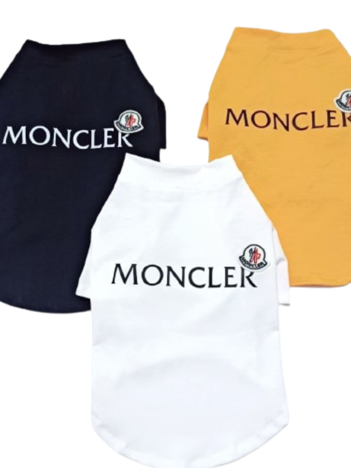 Yellow dog tee with MONCLER text and badge logo inspired by Moncler