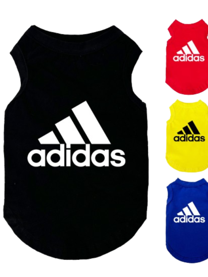 Black athletic dog tank top with Adidas three stripe logo and text