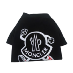 Black dog tee with Moncler style logo badge showing clean construction details