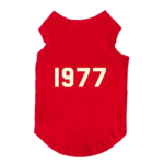 Red sleeveless dog sports jersey with white 1977 print streetwear style