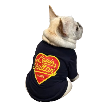 Navy dog tee with heart logo worn by French Bulldog showing fit and placement