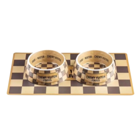 Two checkered dog bowls on matching placemat with Louis Vuitton style pattern