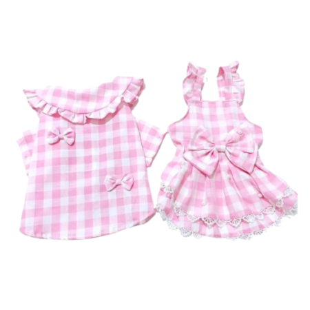Pink gingham dog dress with ruffle collar and lace trim details on white background