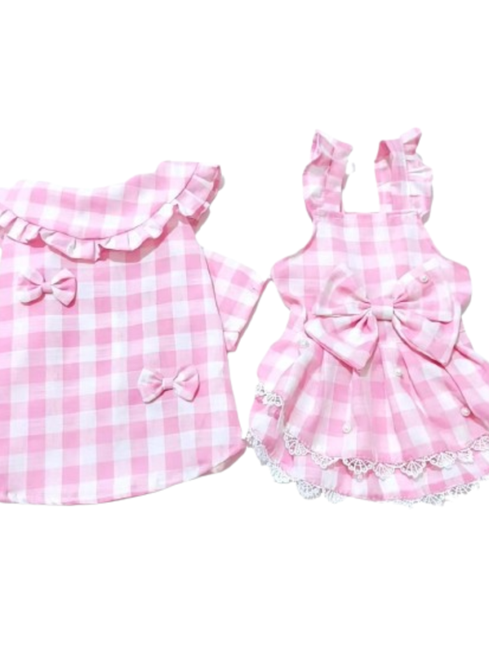 Pink gingham dog dress with ruffle collar and lace trim details on white background