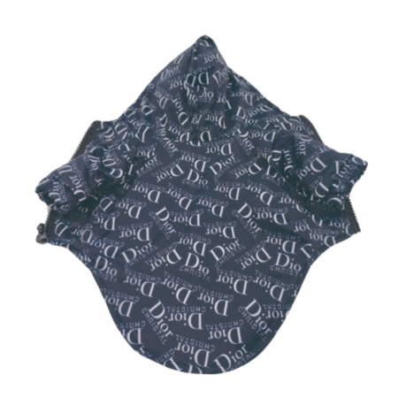Navy dog jacket Dogior oblique print with white text all over and adjustable hood
