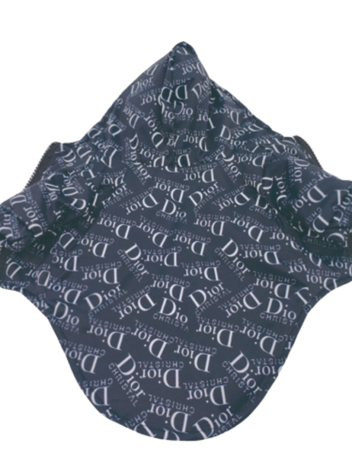 Navy dog jacket Dogior oblique print with white text all over and adjustable hood