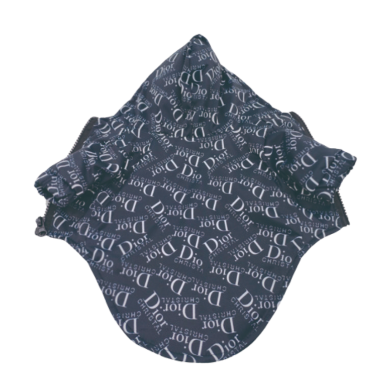 Navy dog jacket Dogior oblique print with white text all over and adjustable hood