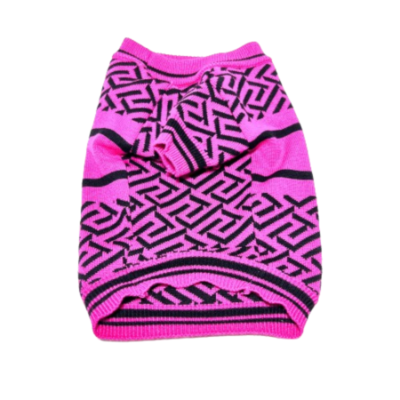 Pink knit dog sweater with black geometric pattern and medusa logo flat lay