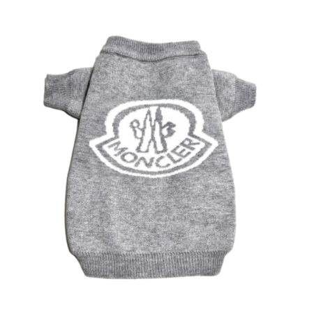 Gray knit dog sweater with white Bonecler logo patch inspired by Moncler on white background