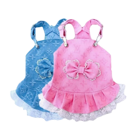 Pink and blue monogram denim dog dresses with bow details inspired by Louis Vuitton
