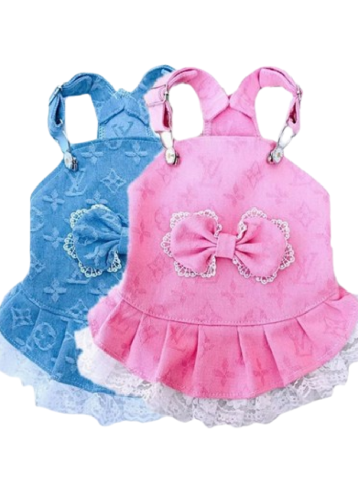 Pink and blue monogram denim dog dresses with bow details inspired by Louis Vuitton