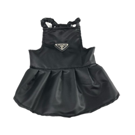 Black pleated dog dress with triangular Prada logo on chest and ruffle straps