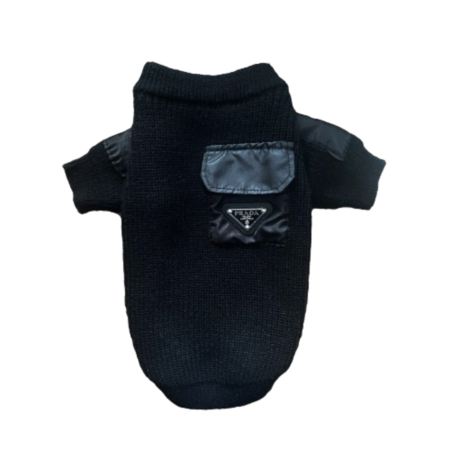 Black ribbed knit dog sweater Prada style with triangle logo pocket flat lay