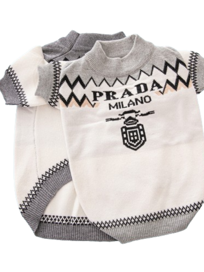 White and grey geometric chevron pattern dog sweater with Prada Milano inspired branding