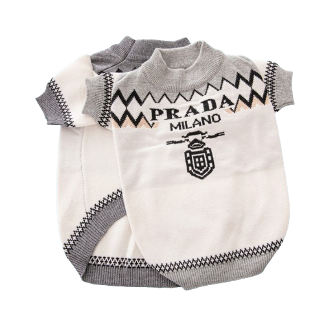 White and grey geometric chevron pattern dog sweater with Prada Milano inspired branding