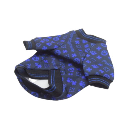 Blue Pupreme logo tee with paw print pattern and striped collar on white background