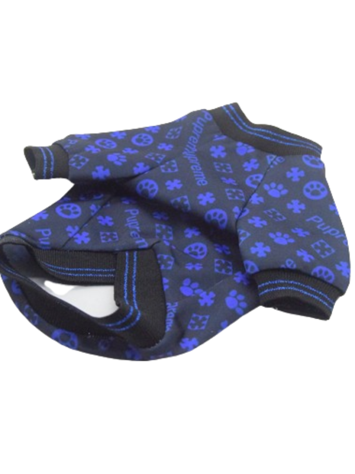Blue Pupreme logo tee with paw print pattern and striped collar on white background