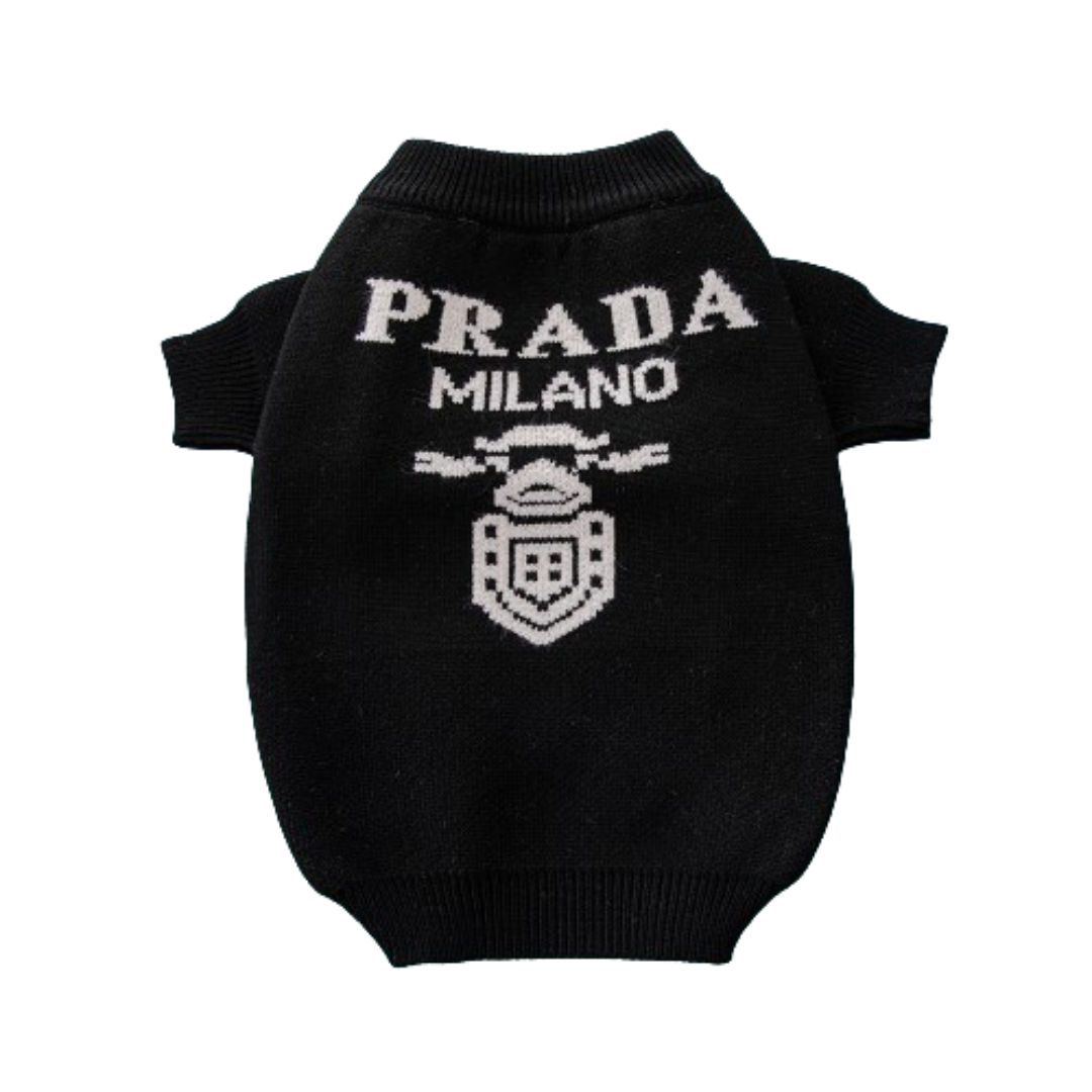 Black knit dog sweater with white Milano logo text and crest Prada inspired design