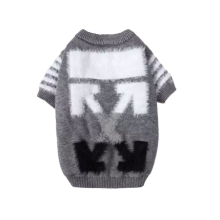 Gray knit dog sweater with OFF text inspired by Off-White streetwear brand