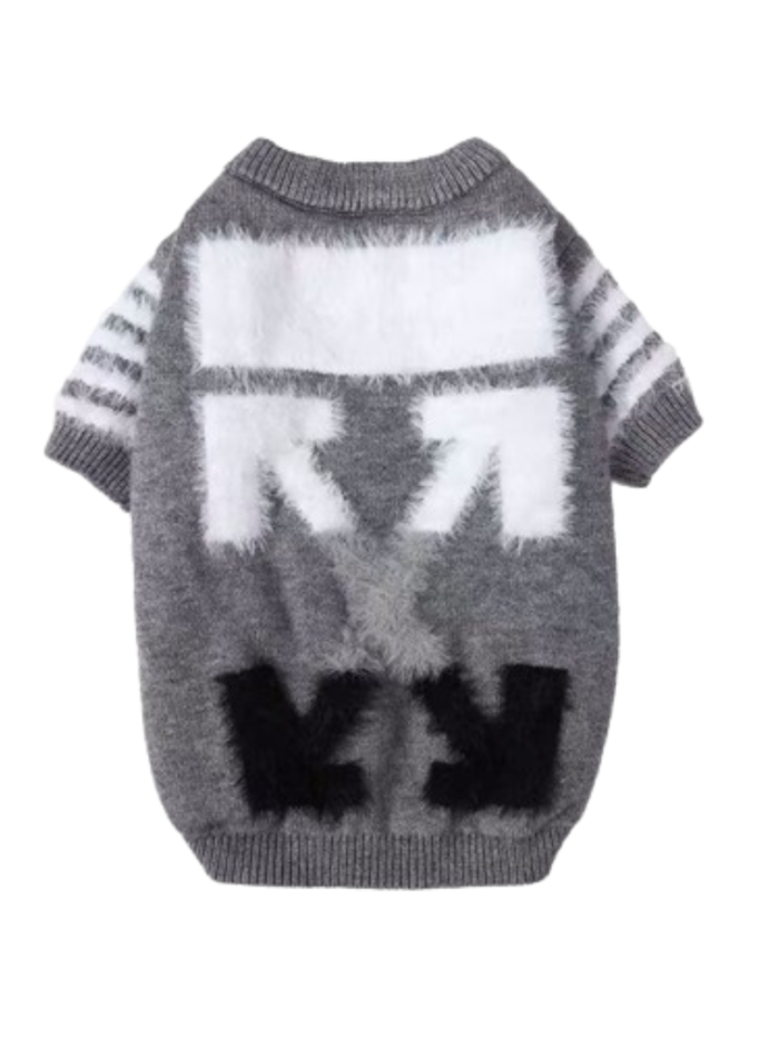 Gray knit dog sweater with OFF text inspired by Off-White streetwear brand