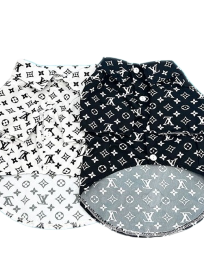 Black and white monogram dog polo shirts Louis Vuitton inspired with button closure