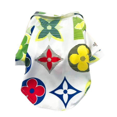 Colorful monogram print dog shirt Chewy V style with button front and classic collar