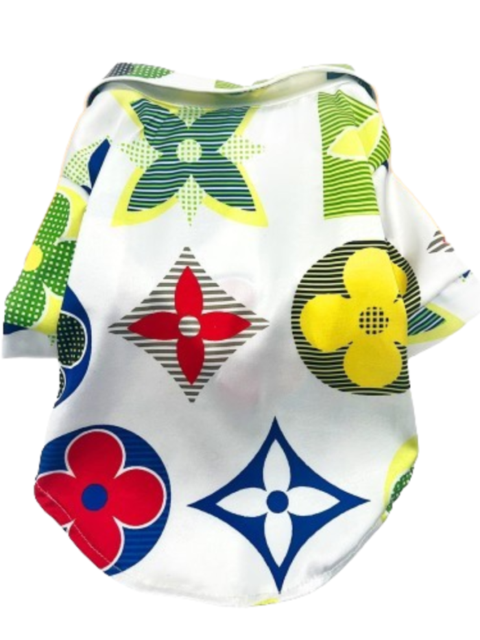 Colorful monogram print dog shirt Chewy V style with button front and classic collar