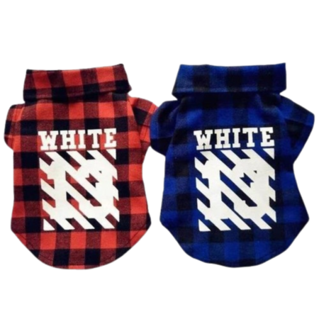 Red buffalo check plaid dog tee with white diagonal Off-White inspired logo on back