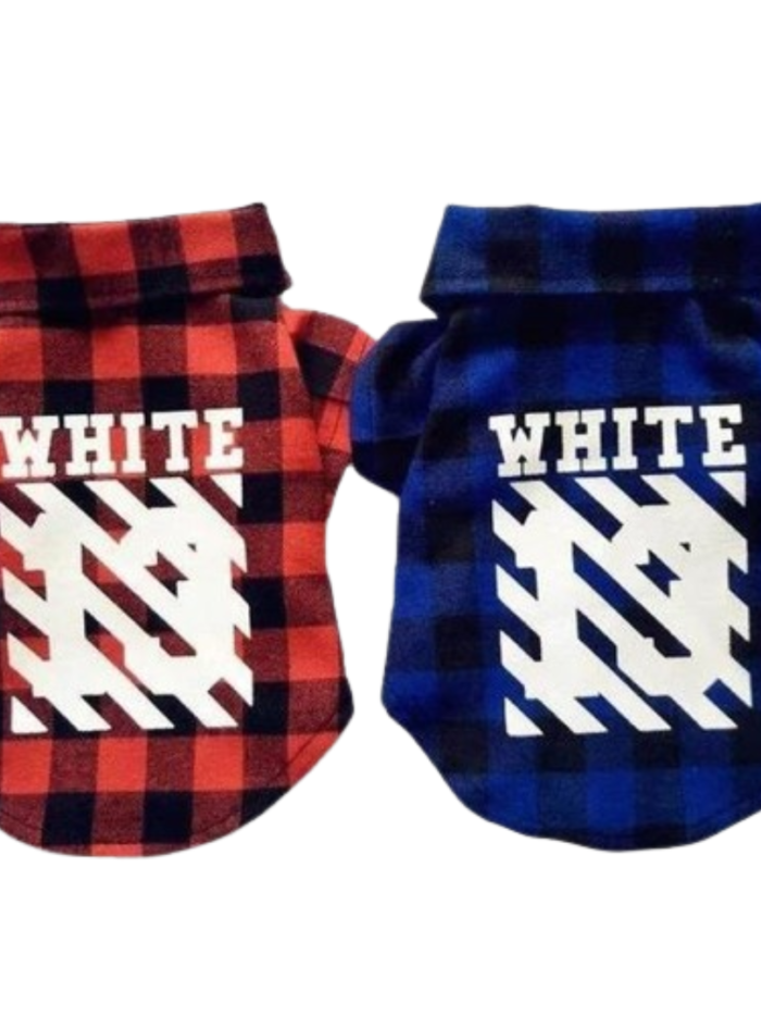 Red buffalo check plaid dog tee with white diagonal Off-White inspired logo on back