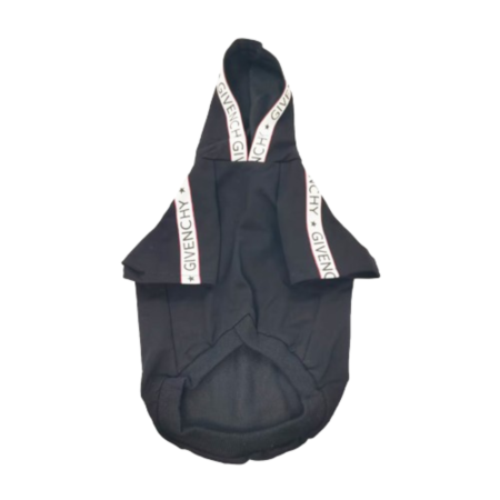 Black dog hoodie with white Givenchy logo trim on hood and sleeves front view