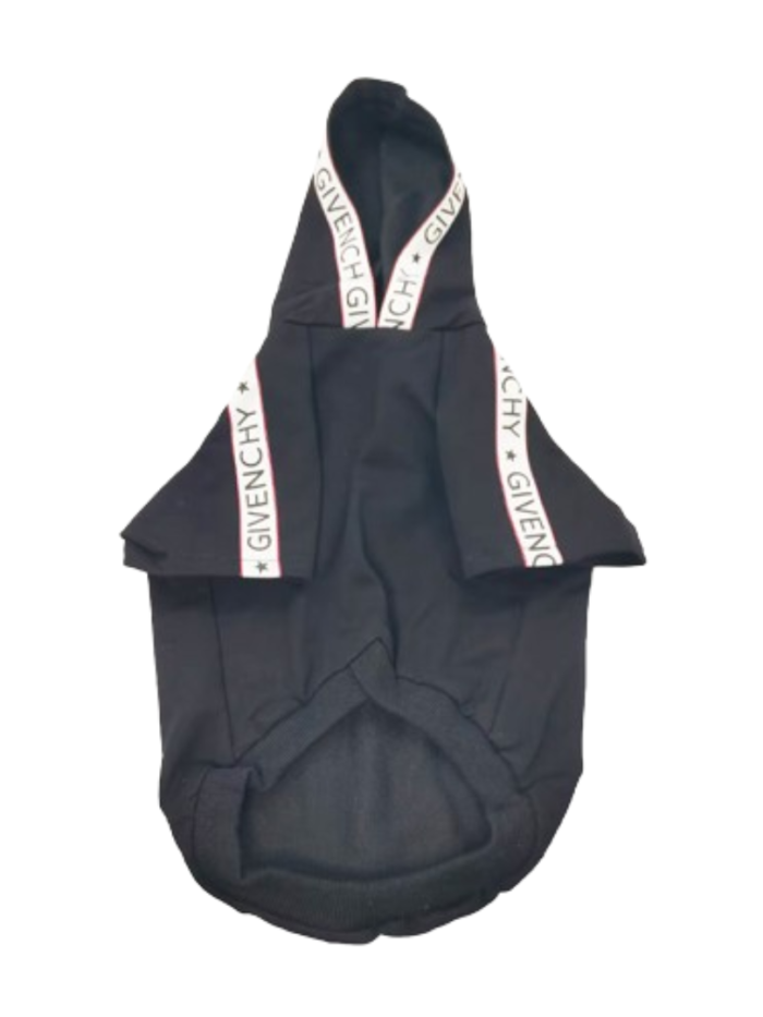 Black dog hoodie with white Givenchy logo trim on hood and sleeves front view