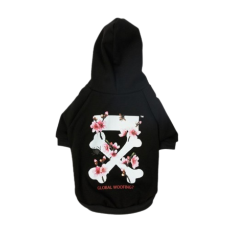 Black dog hoodie back view showing GLOBAL WOOFING text with cherry blossom crossed arrows