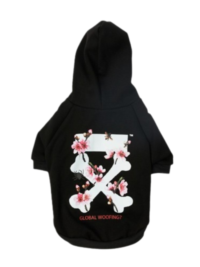 Black dog hoodie back view showing GLOBAL WOOFING text with cherry blossom crossed arrows