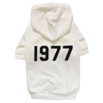 White Fear of Dog hoodie with black 1977 text relaxed streetwear dog clothing