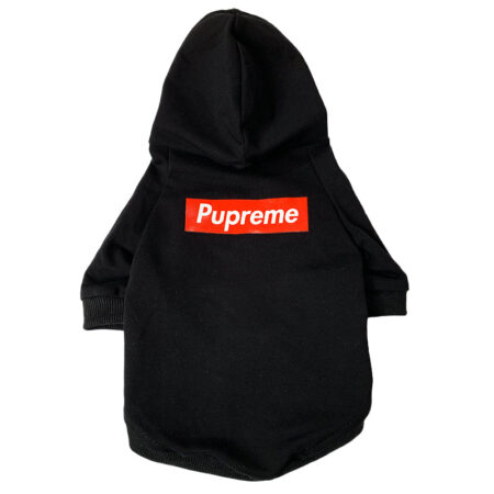 Black dog hoodie with red Pupreme box logo on back