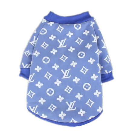 Blue jacquard dog sweatshirt with white V monogram pattern and ribbed collar
