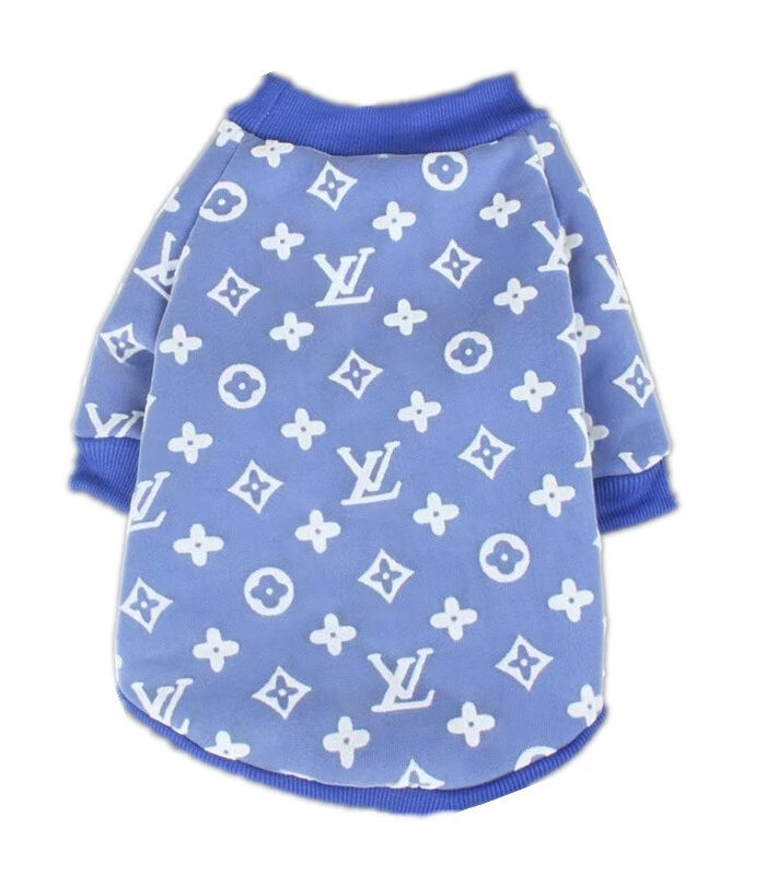 Blue jacquard dog sweatshirt with white V monogram pattern and ribbed collar